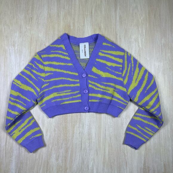 ASOS Collusion Zebra Purple Green Cropped V-Neck Boxy Button Cardigan Sweater 4 - Picture 1 of 13